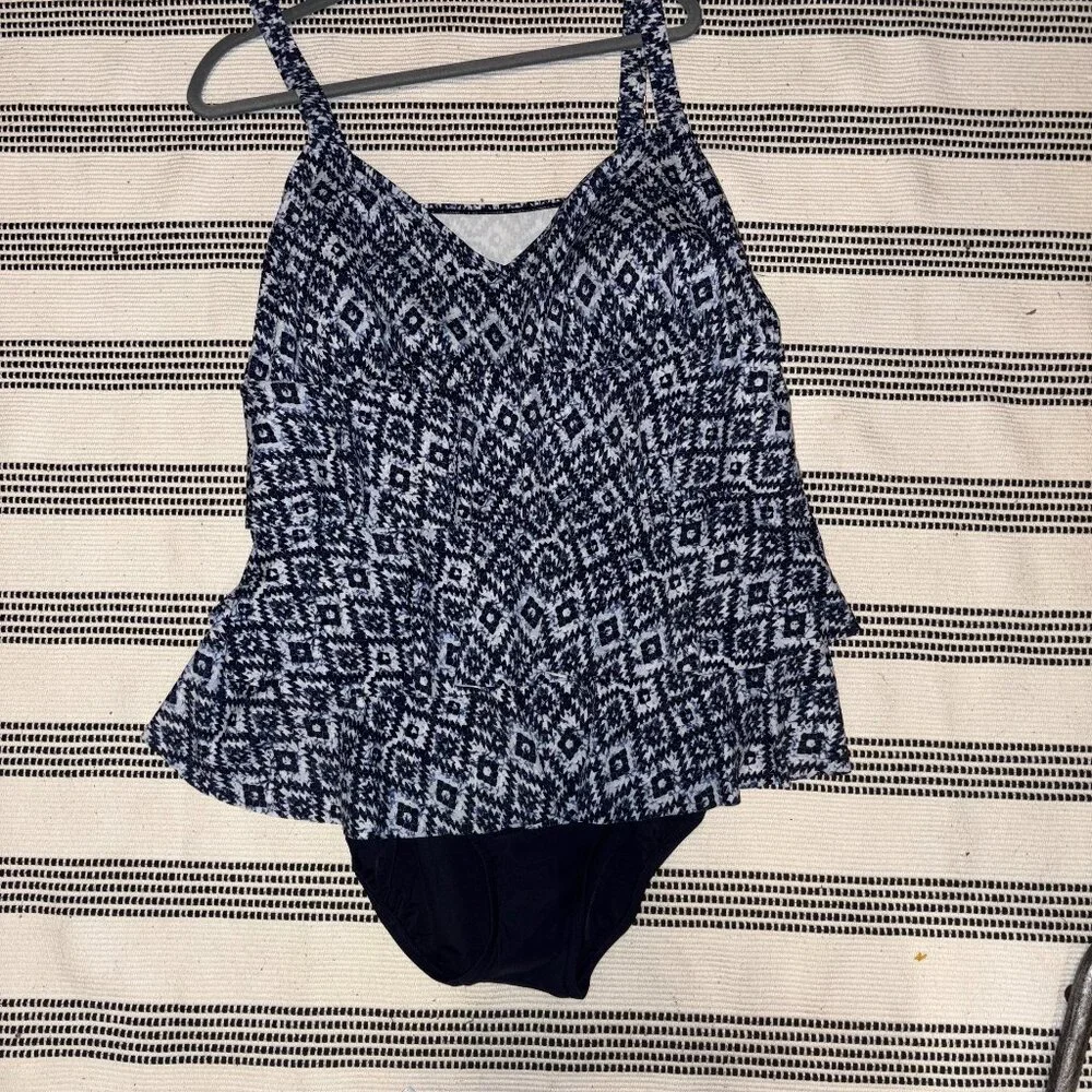 Swim Solutions TILE ISLAND NAVY Triple-Tier Fauxkini One-Piece Swimsuit - Picture 3 of 6